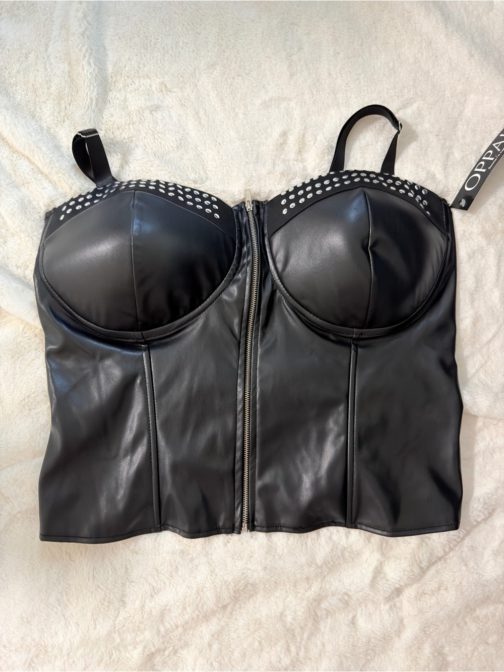 Black Faux Leather Studded Bustier Top